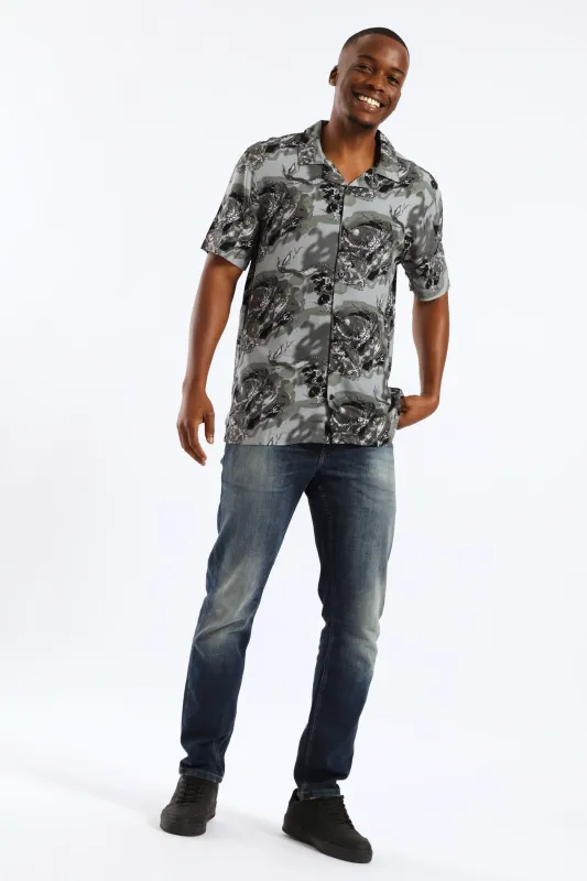 Dragon Print Viscose Shirt - Dark Grey sold by Edgars