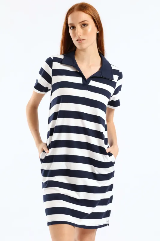 Johnny Collar T-Shirt Mini Dress - Navy/White sold by Edgars