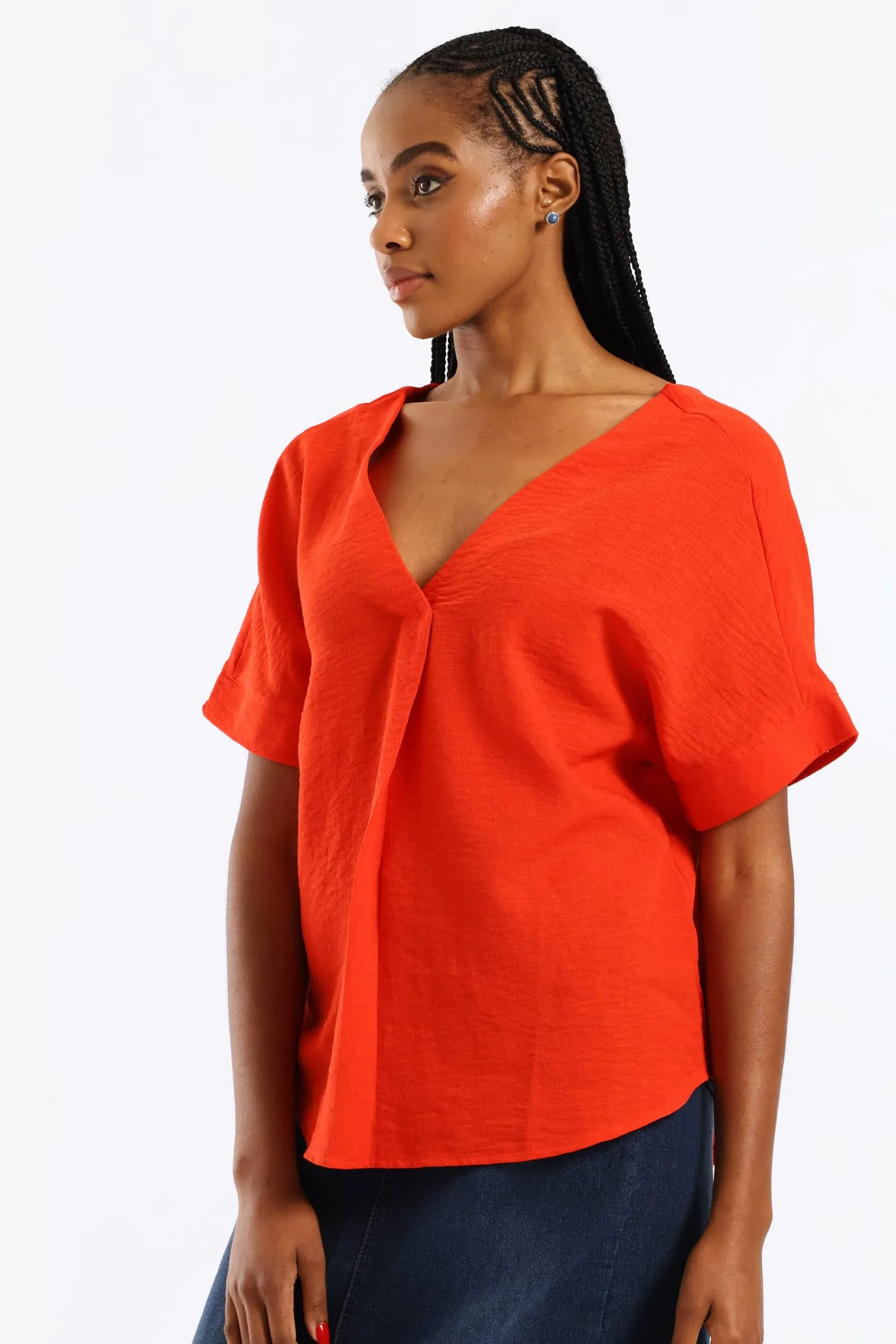 V-Neck Pleat Detail Curved Hem Linen Popover Top - Fiery Red sold by Edgars product image thumbnail 3