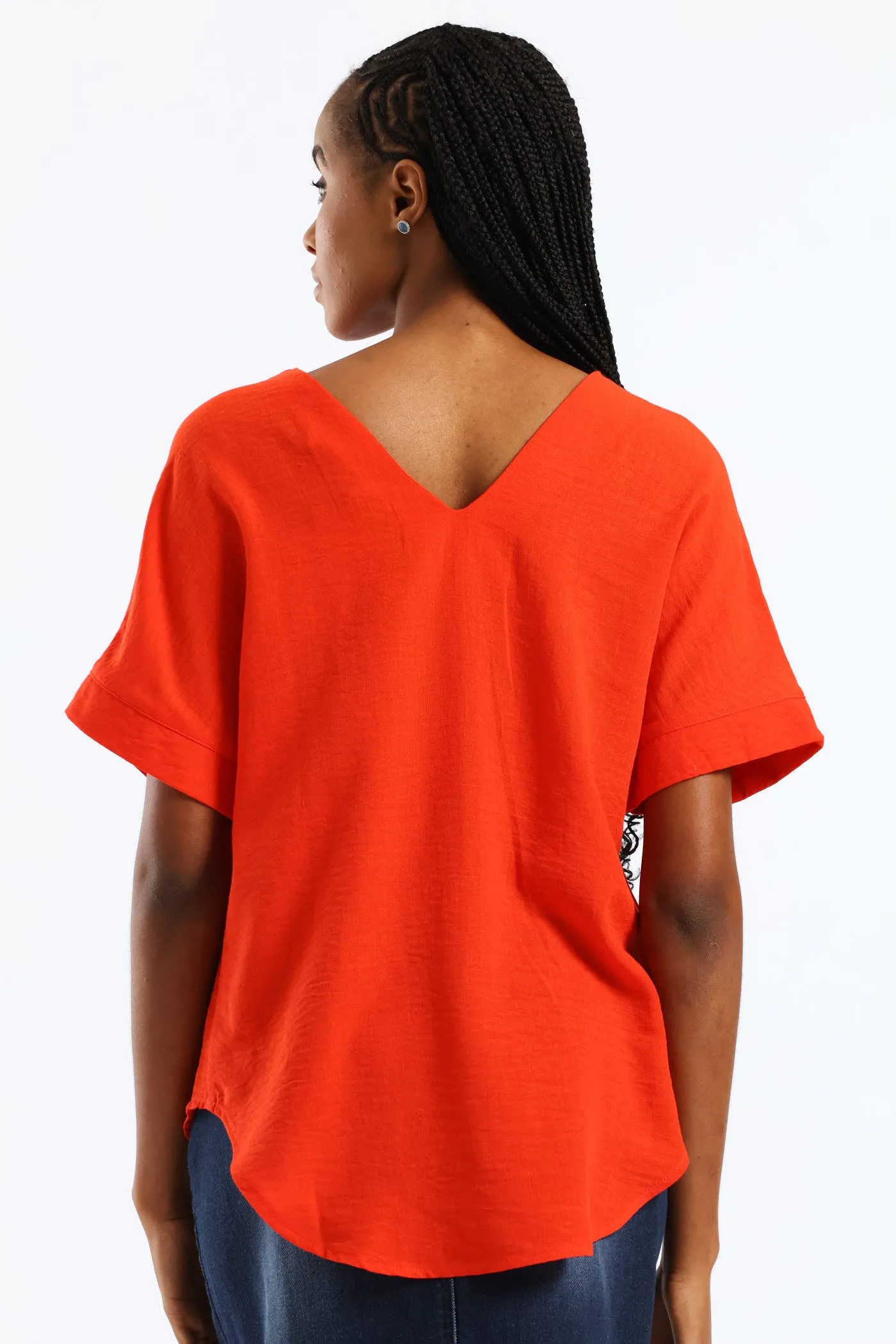 V-Neck Pleat Detail Curved Hem Linen Popover Top - Fiery Red sold by Edgars product image thumbnail 4