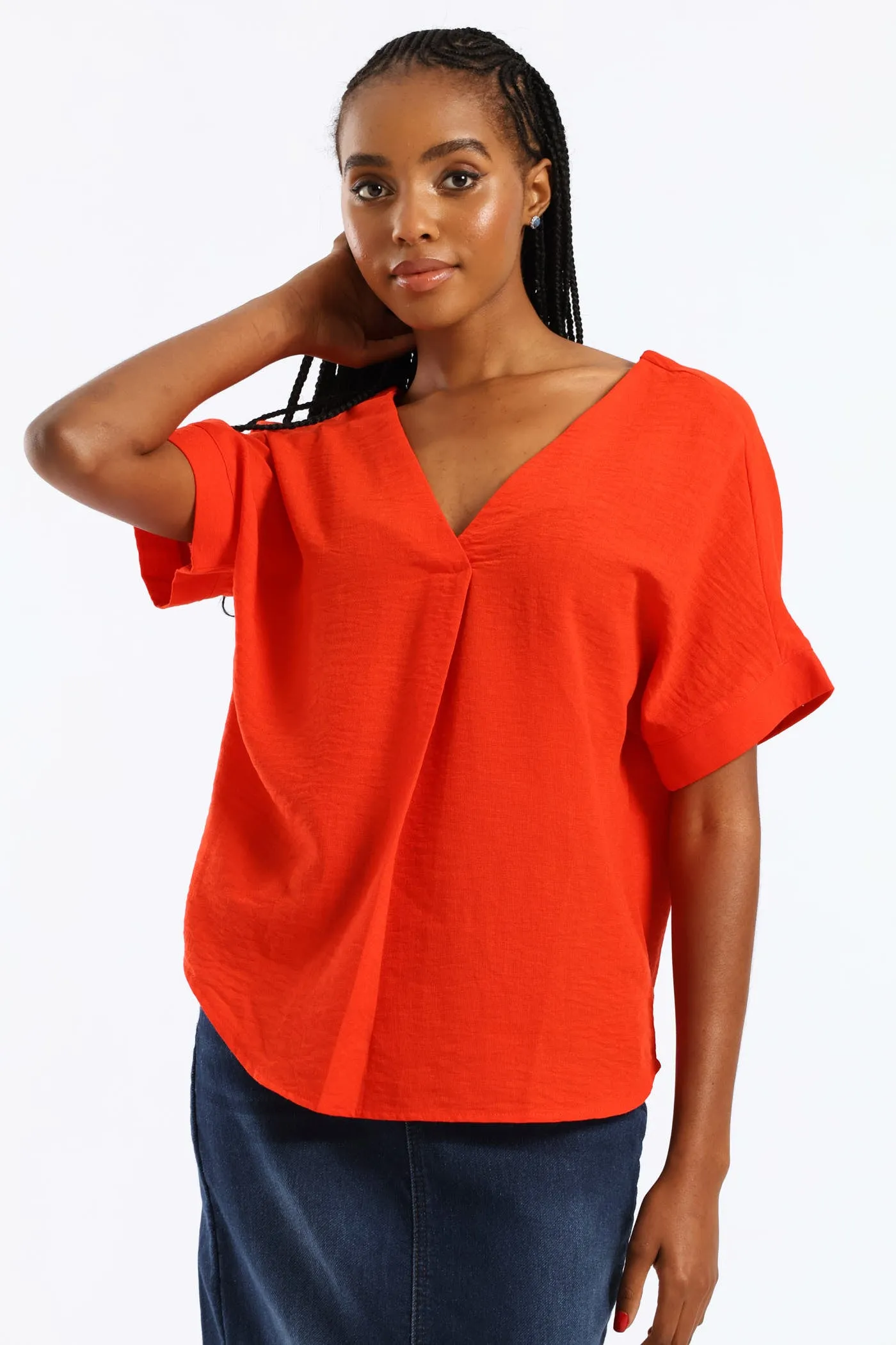 V-Neck Pleat Detail Curved Hem Linen Popover Top - Fiery Red sold by Edgars
