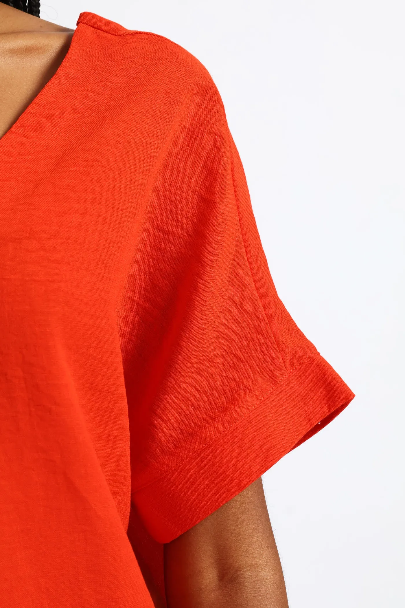 V-Neck Pleat Detail Curved Hem Linen Popover Top - Fiery Red sold by Edgars product image thumbnail 2