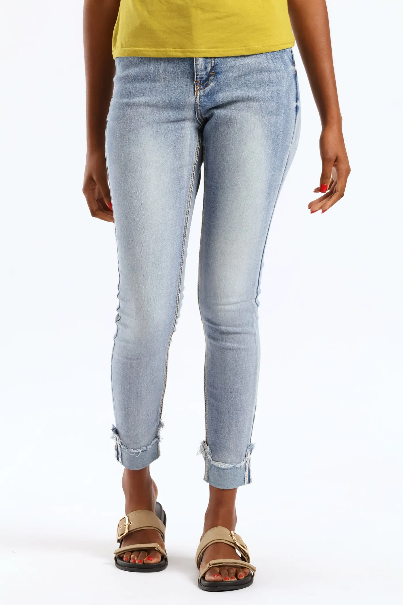 Hi Waist Mid Rise Turnup Skinny Denim - Light Wash sold by Edgars