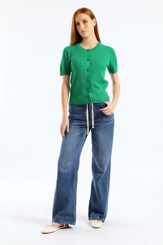 Hi Waist Drawcord Wide Leg Denim - Dark Wash sold by Edgars