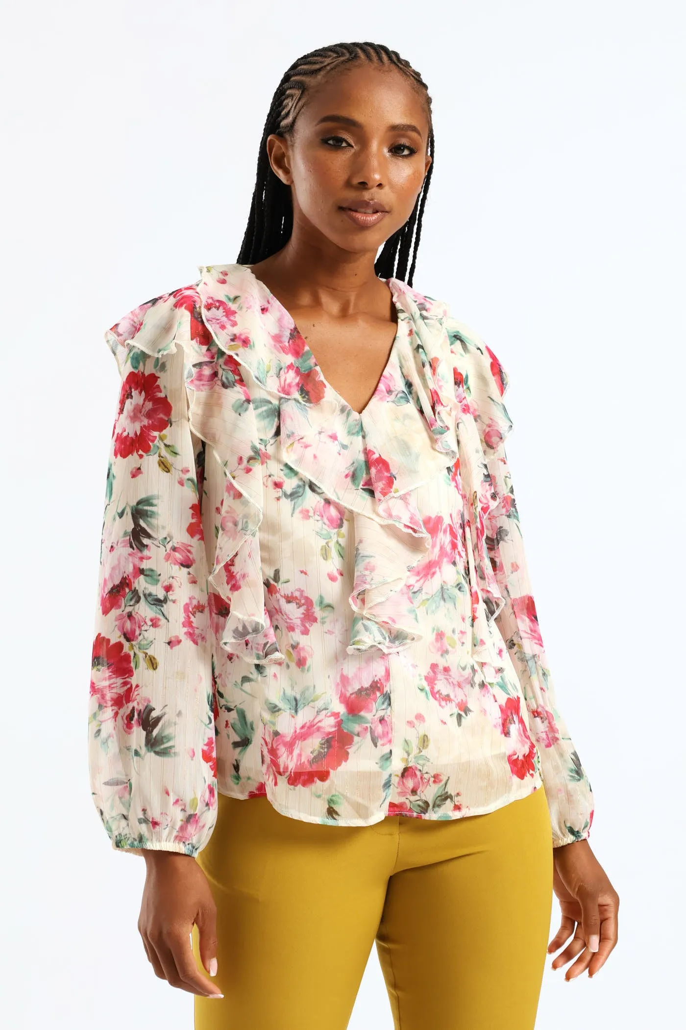 Ruffle Button Through Floral Blouse - Cream sold by Edgars