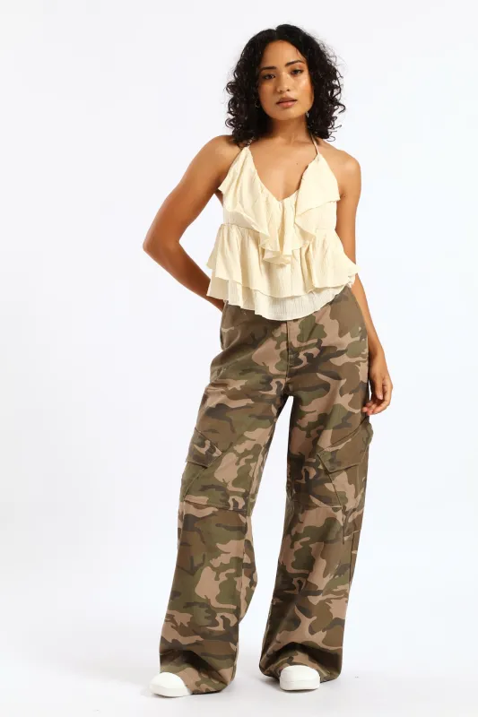 Camo Print Cargo Wide Leg Denim - Fatigue sold by Edgars