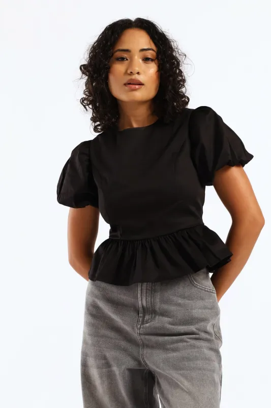 Cropped Peplum Woven Top - Black sold by Edgars