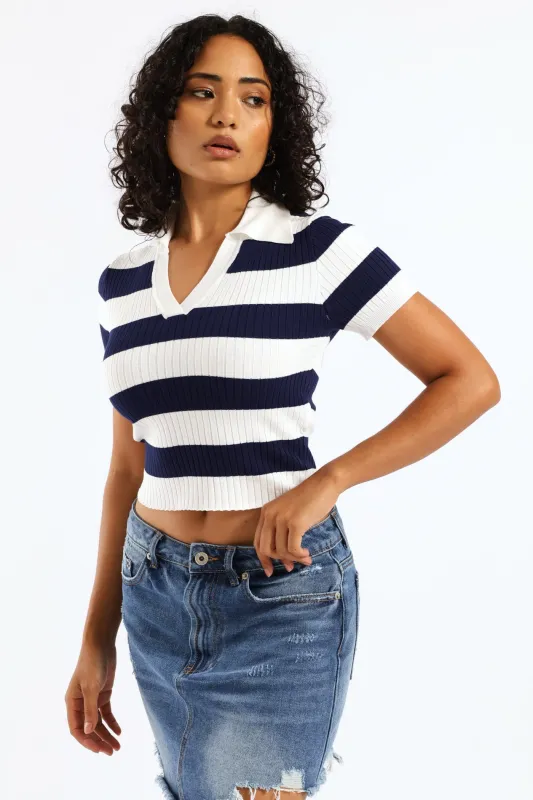 Short Sleeve Cropped Polo Sweater - White/Navy sold by Edgars
