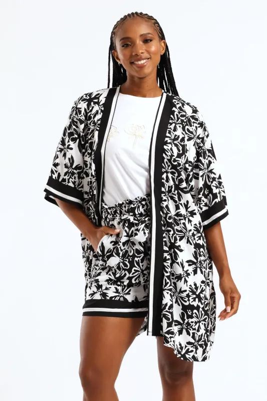 3/4 Sleeve Border Print Kimono - Black/White sold by Edgars