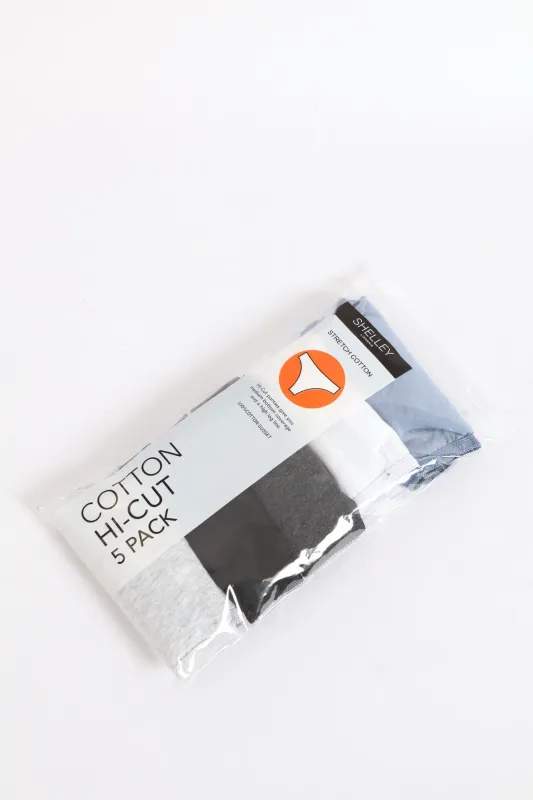 5 Pack Cotton Hi-Cut Panties - White/Light Melange/Denim/Dark Melange/Black sold by Edgars