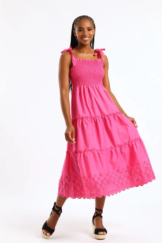 Tie-Strap Shirred Anglaise Tiered Midi Dress - Pink made by Edgars
