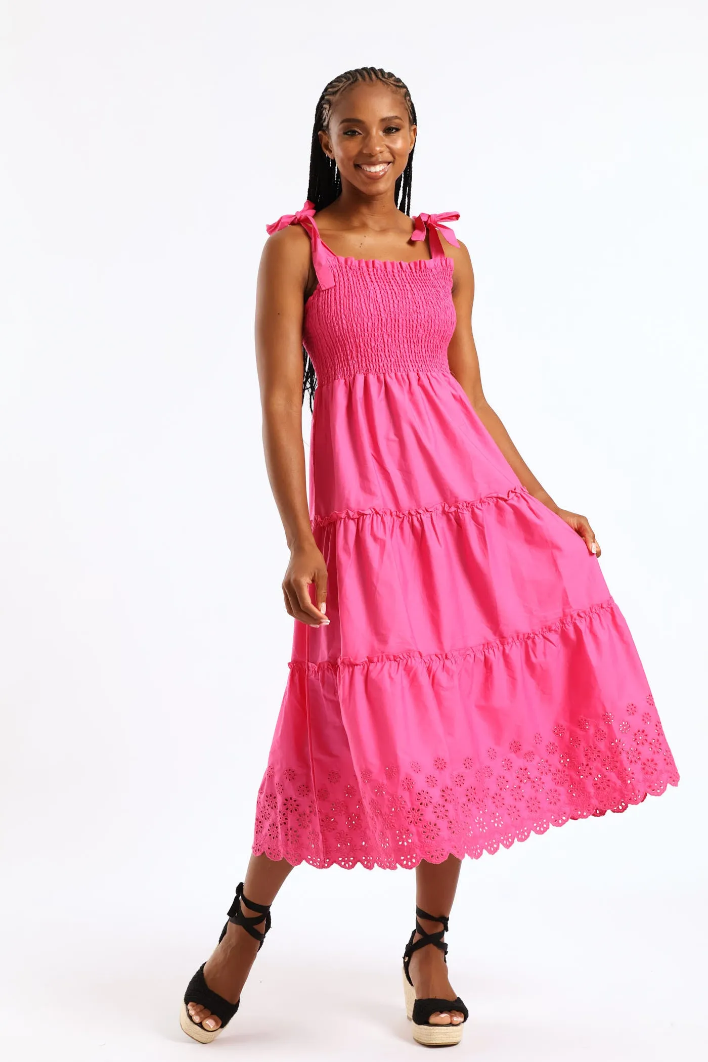 Tie-Strap Shirred Anglaise Tiered Midi Dress - Pink sold by Edgars