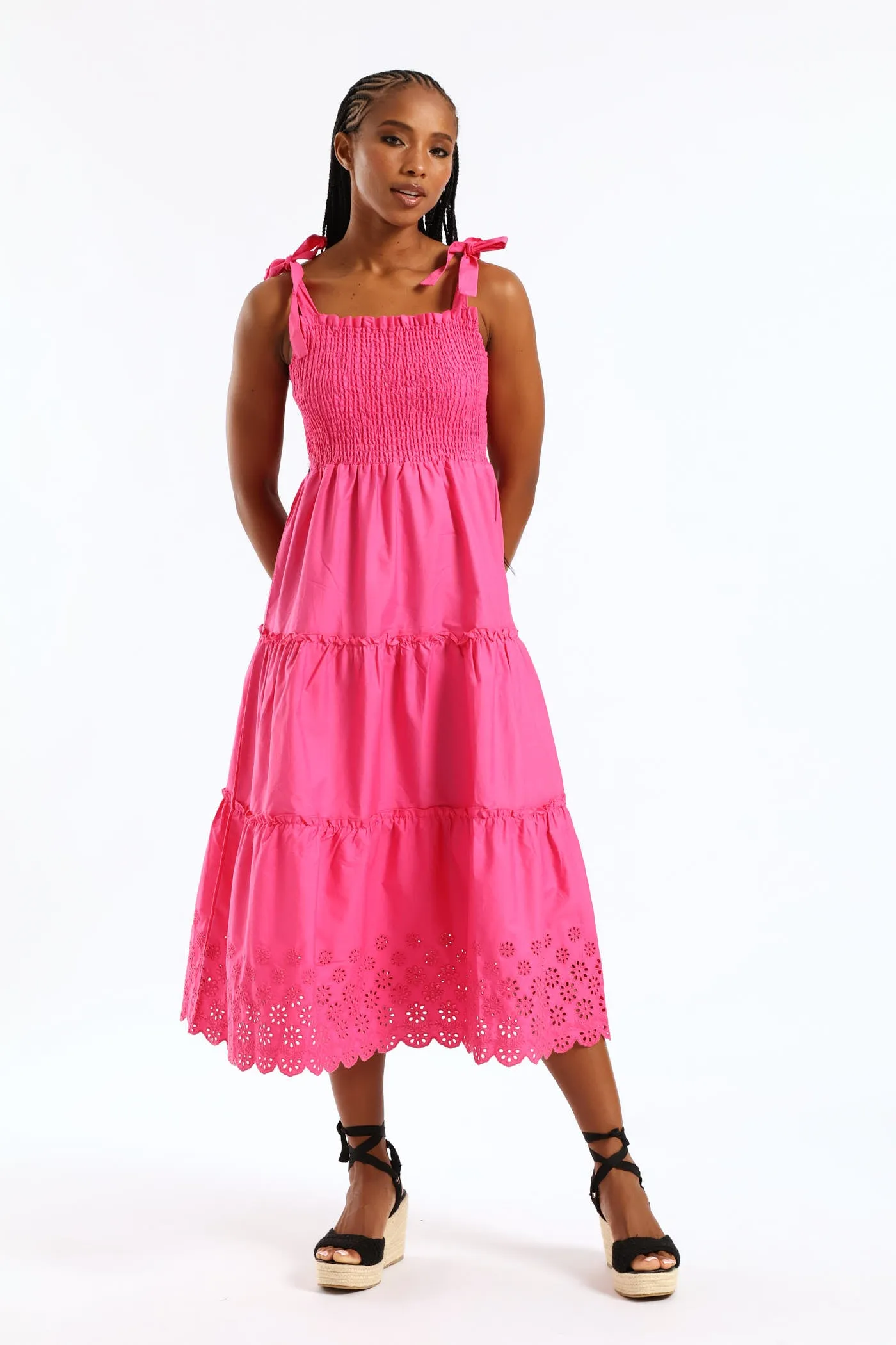 Tie-Strap Shirred Anglaise Tiered Midi Dress - Pink sold by Edgars product image thumbnail 4