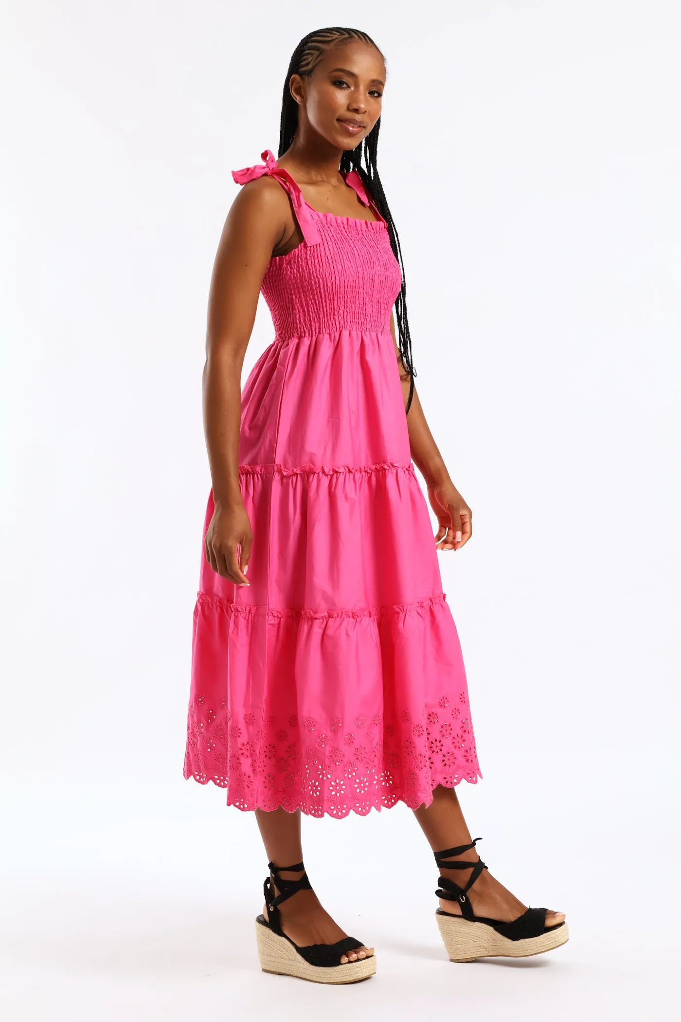 Tie-Strap Shirred Anglaise Tiered Midi Dress - Pink sold by Edgars product image thumbnail 5