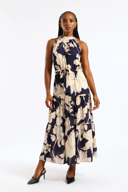 Halter Neck Tiered Maxi Dress - Navy sold by Edgars