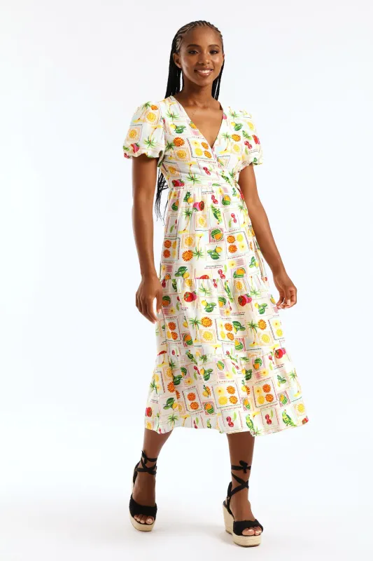 Bubble Sleeve Tiered Wrap Midi Dress - Multi sold by Edgars
