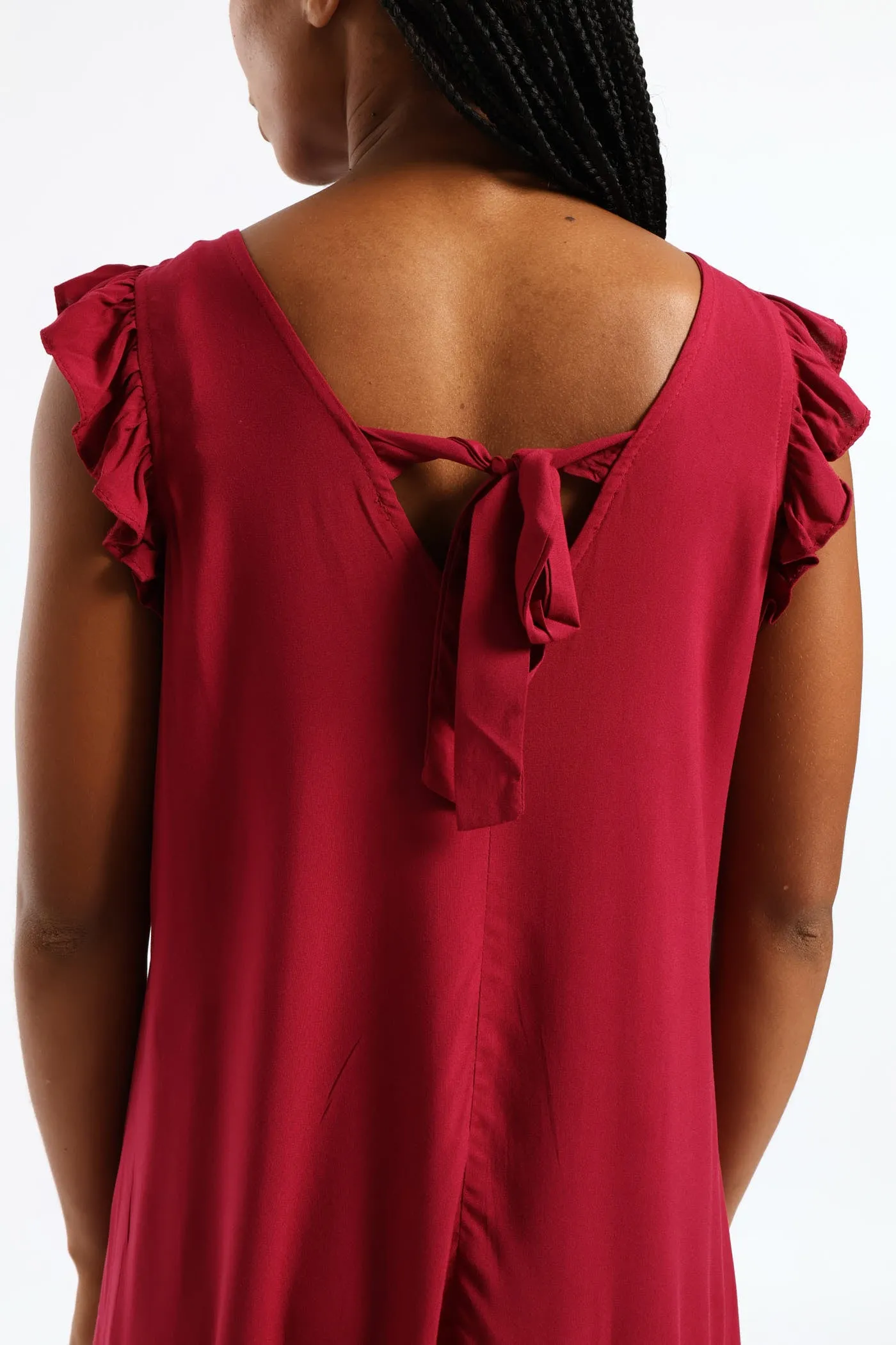 V-Neck Frill Sleeve Tie Detail Drop Hem Mini Dress - Beet sold by Edgars product image thumbnail 2