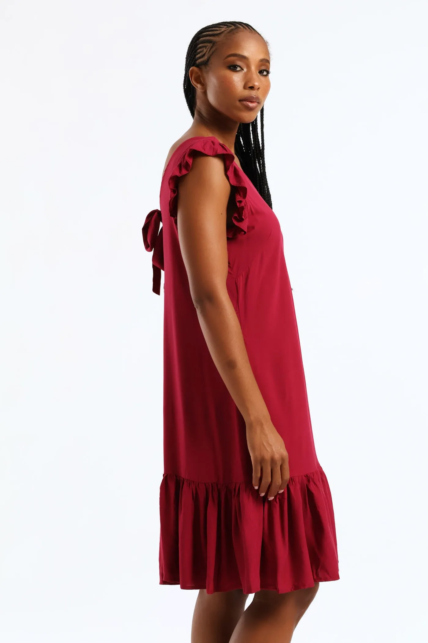 V-Neck Frill Sleeve Tie Detail Drop Hem Mini Dress - Beet sold by Edgars product image thumbnail 4