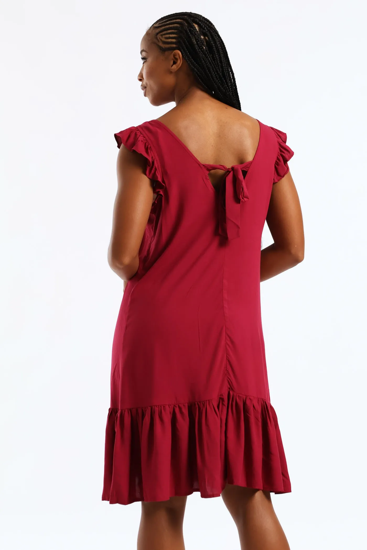V-Neck Frill Sleeve Tie Detail Drop Hem Mini Dress - Beet sold by Edgars product image thumbnail 5