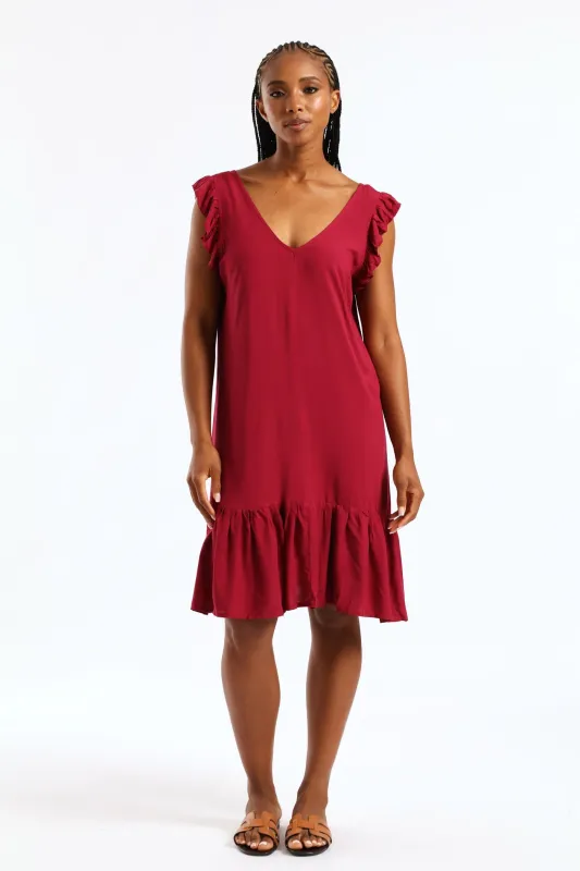 V-Neck Frill Sleeve Tie Detail Drop Hem Mini Dress - Beet sold by Edgars