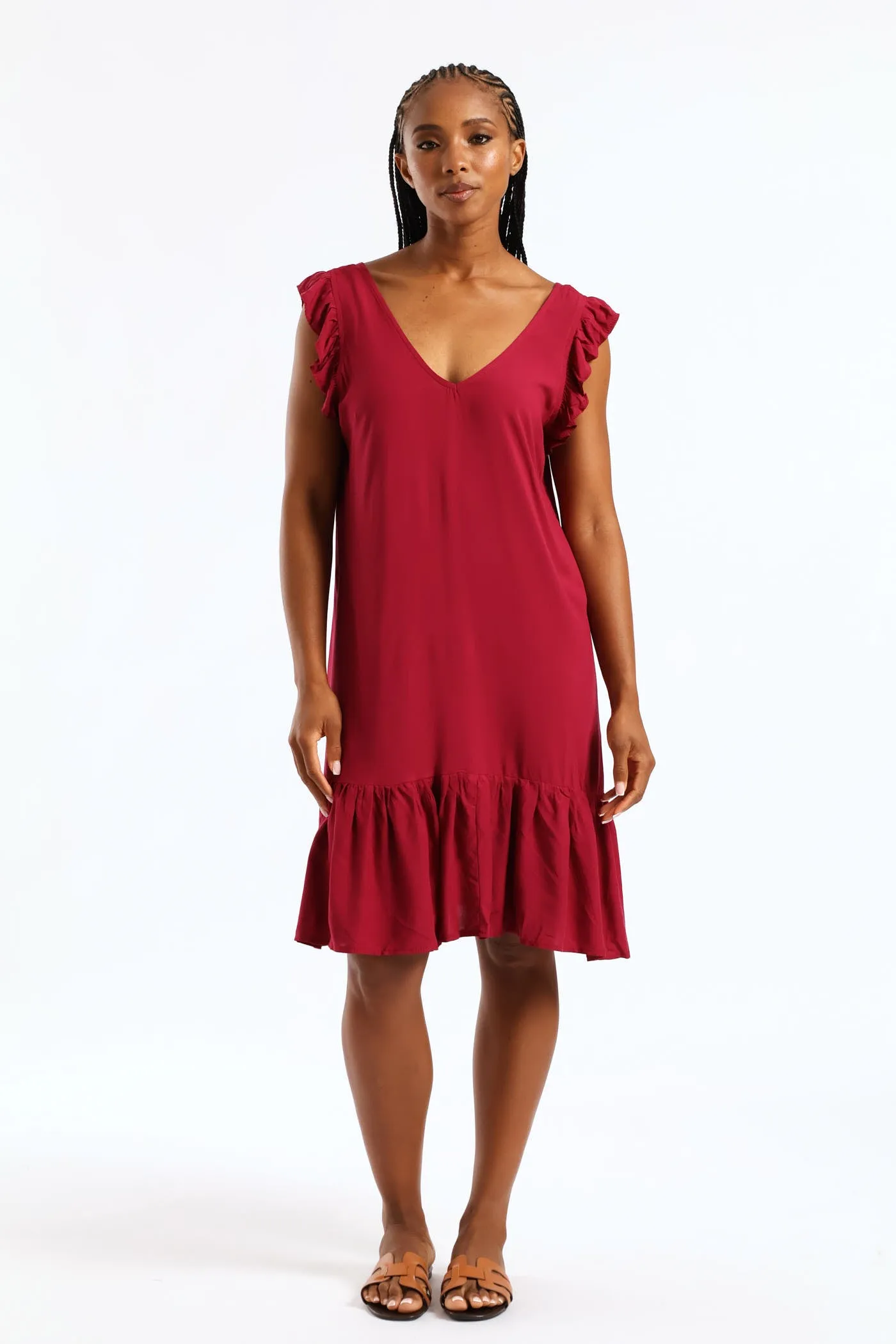 V-Neck Frill Sleeve Tie Detail Drop Hem Mini Dress - Beet sold by Edgars