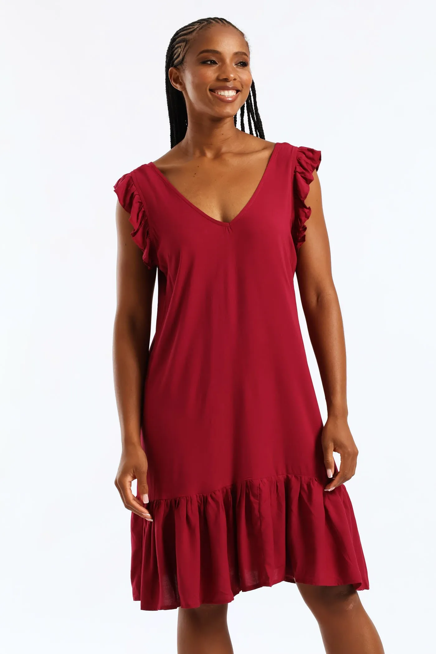 V-Neck Frill Sleeve Tie Detail Drop Hem Mini Dress - Beet sold by Edgars product image thumbnail 3