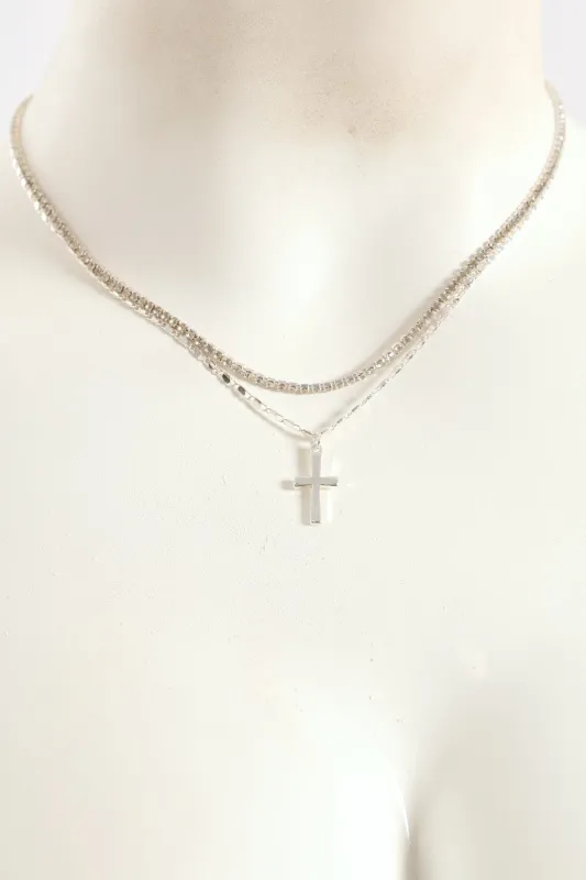 2 Layer Diamante Cross Pendant Necklace - Silver sold by Edgars