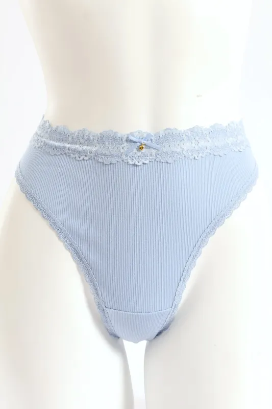 Ribbed Cotton Lace Trim Thong Panty - Blue sold by Edgars