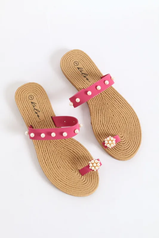 Pearl Detail Toe Post Thin Strap Sandal - Cerise sold by Edgars