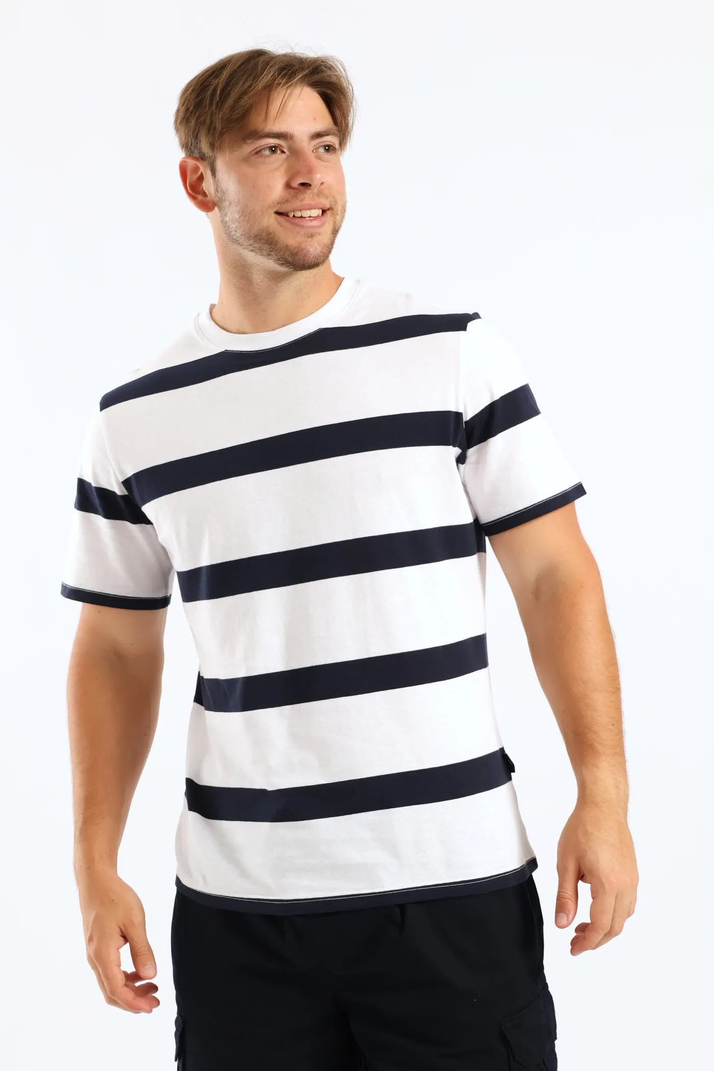 Wide Stripe Tee - White/Navy sold by Edgars