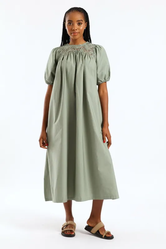 Puff Sleeve Crochet Yoke Midaxi Dress - Sage sold by Edgars