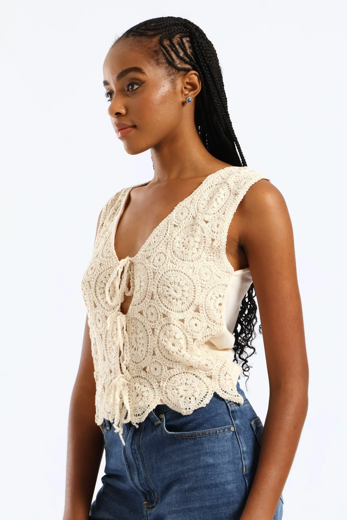 Tie Front Crochet Waistcoat - Cream sold by Edgars product image thumbnail 3