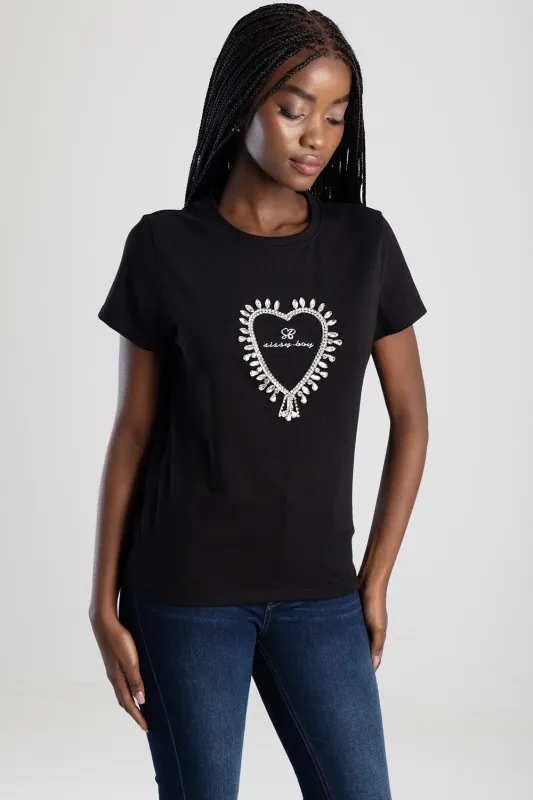 Regular T-Shirt With Transfer Heart And Embroidered Logo - Black sold by Edgars