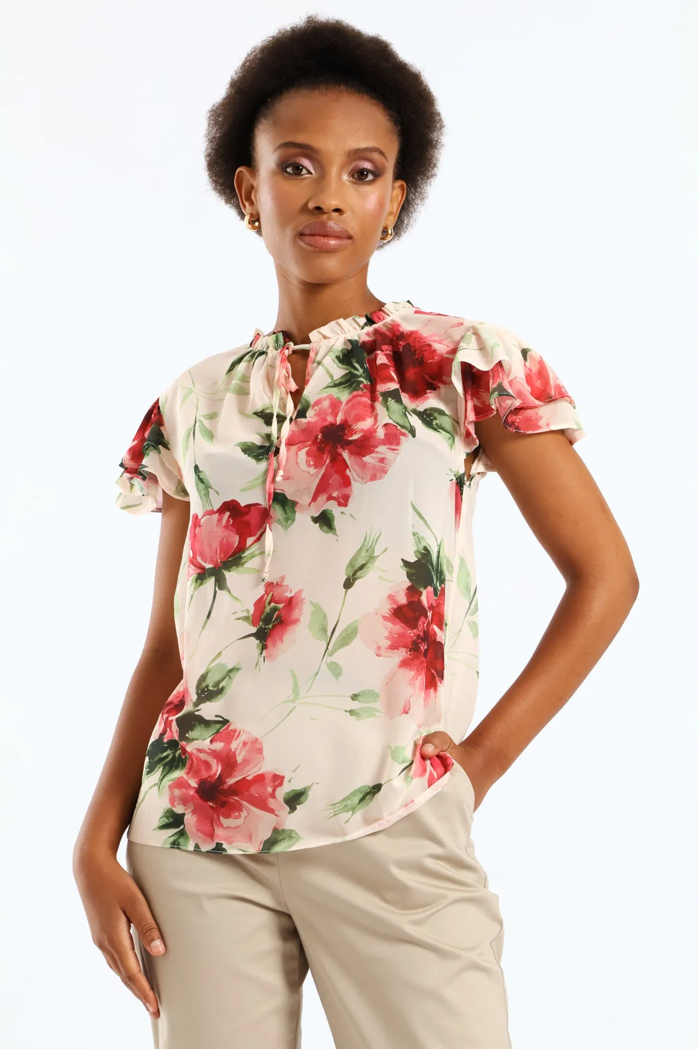 Tie Up Frill Neck Blouse - Cream sold by Edgars