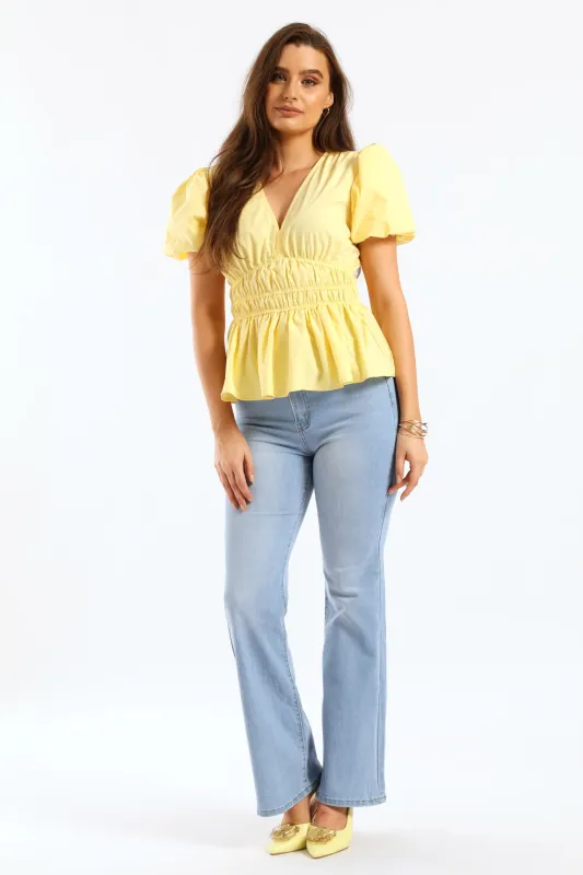 Bubble Sleeve V-Neck Peplum Blouse - Pastel Yellow sold by Edgars