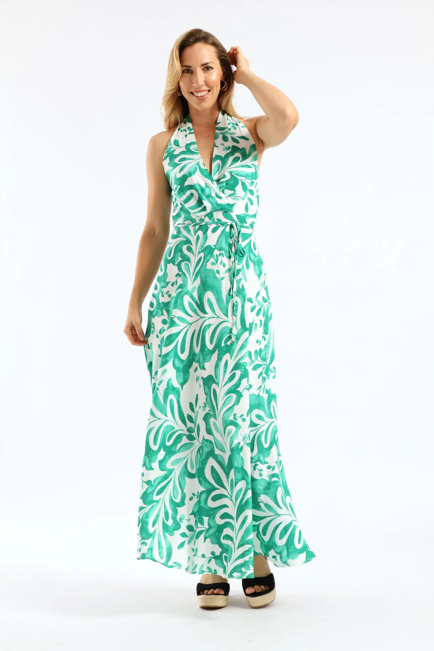 Halter Neck Fit & Flare Midaxi Sundress - White/Green sold by Edgars