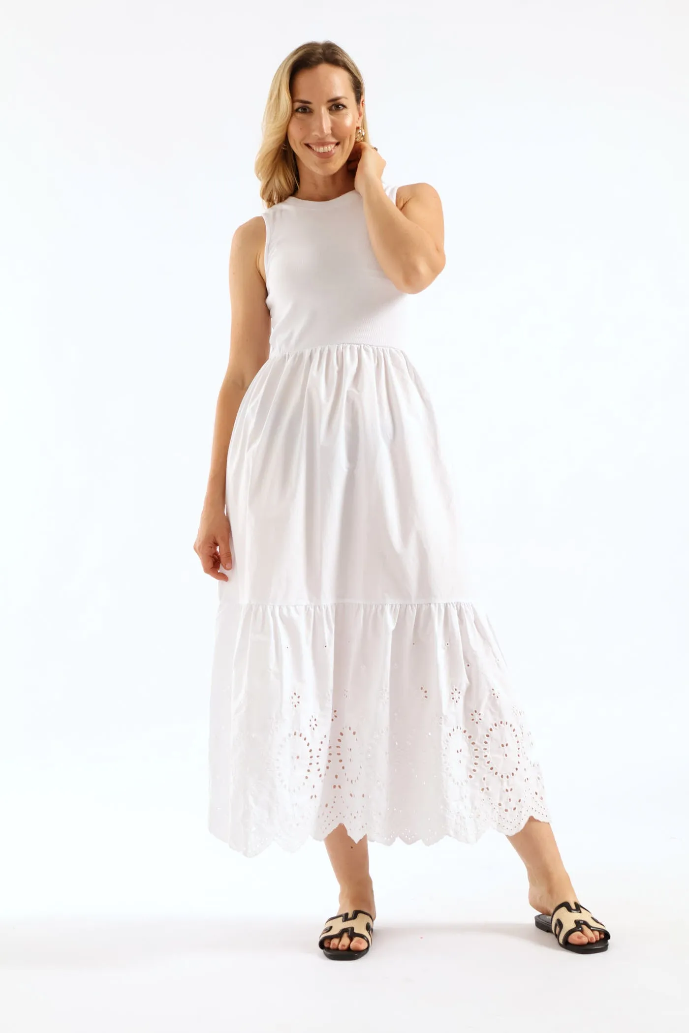 Rib Combo Anglaise Frill Hem Midaxi Dress - White sold by Edgars