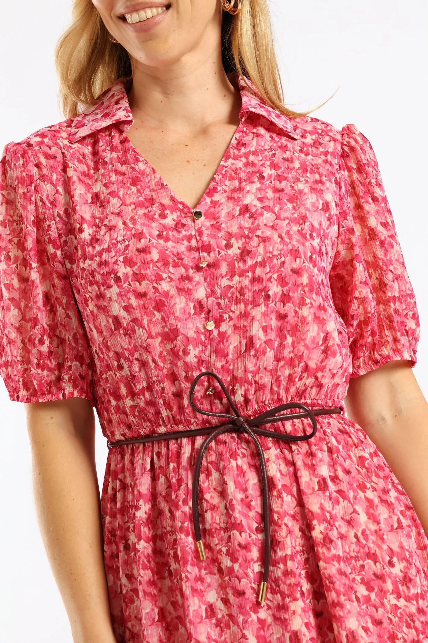Collared Puff Sleeve Belted Tea Dress - Magenta sold by Edgars product image thumbnail 5