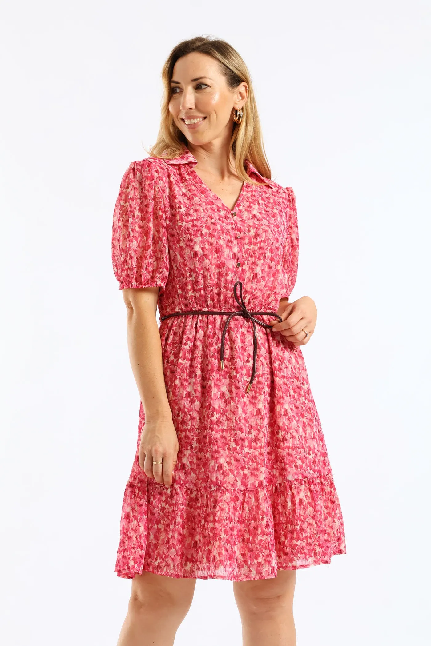 Collared Puff Sleeve Belted Tea Dress - Magenta sold by Edgars product image thumbnail 2