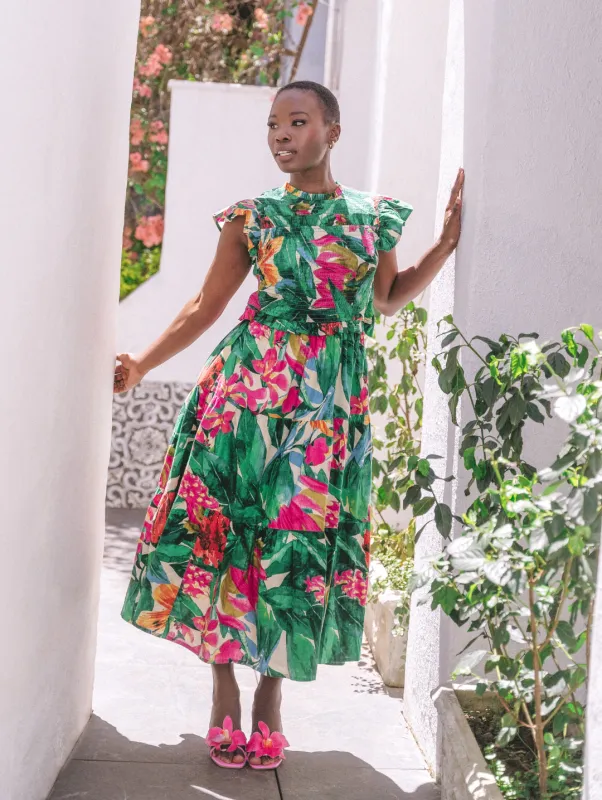 Frill Neck Shirred Bodice Tiered Tie-Back Midaxi Dress - Multi sold by Edgars