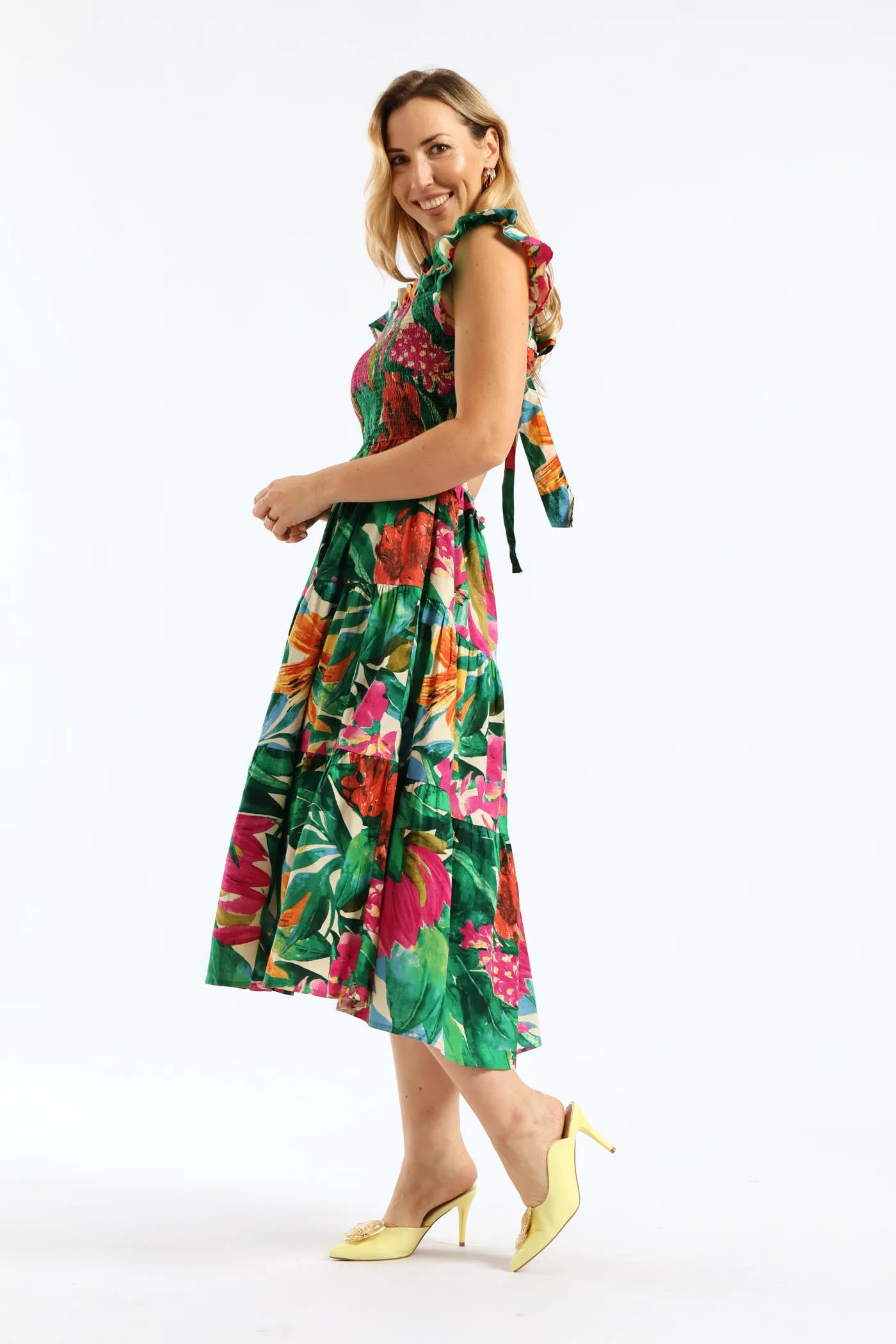 Frill Neck Shirred Bodice Tiered Tie-Back Midaxi Dress - Multi sold by Edgars product image thumbnail 5