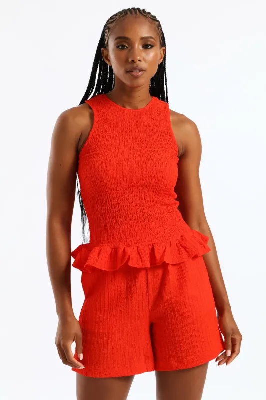 Shirred Crinkle Peplum Top - Fiery Red sold by Edgars