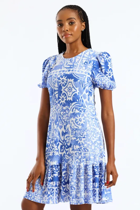 Puff Sleeve Crinkle Frill Hem Dress - White/Blue sold by Edgars