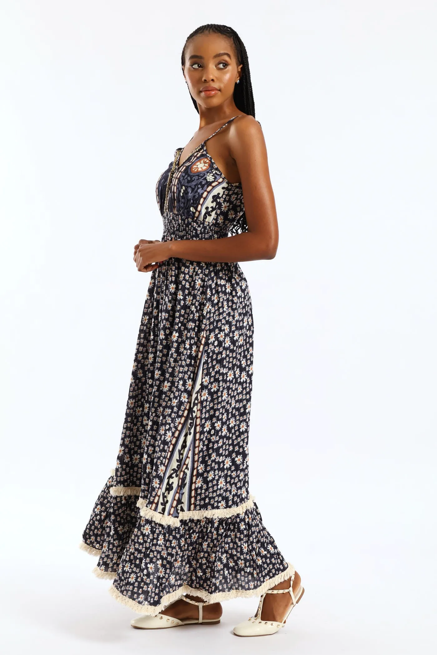 Shirred Waist Patchwork Midaxi Dress - Navy sold by Edgars product image thumbnail 3