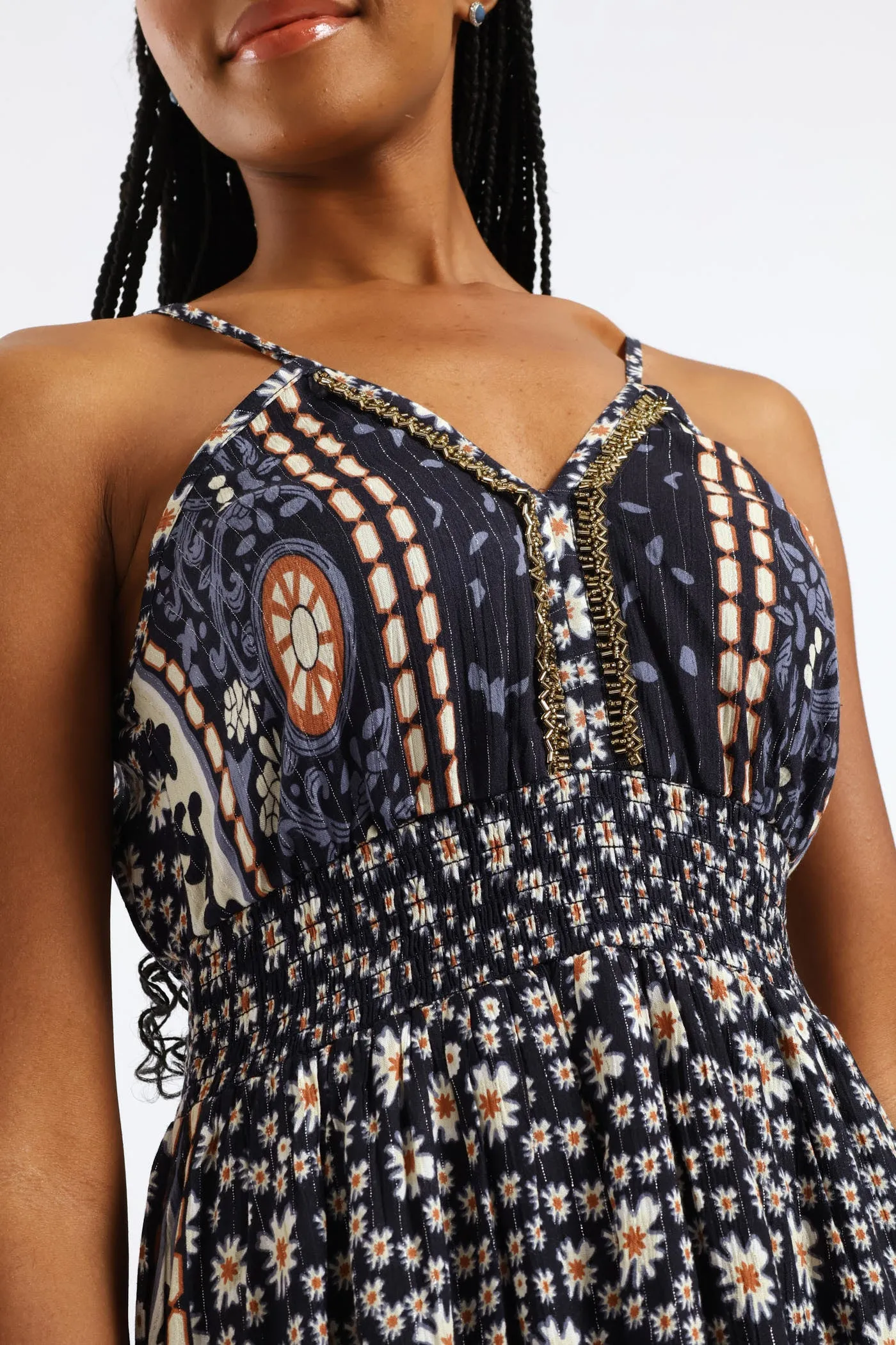 Shirred Waist Patchwork Midaxi Dress - Navy sold by Edgars product image thumbnail 2