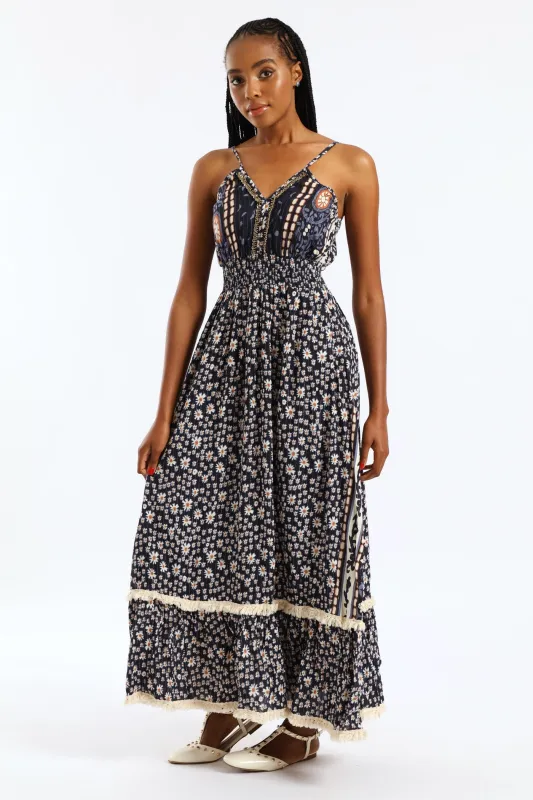 Shirred Waist Patchwork Midaxi Dress - Navy sold by Edgars