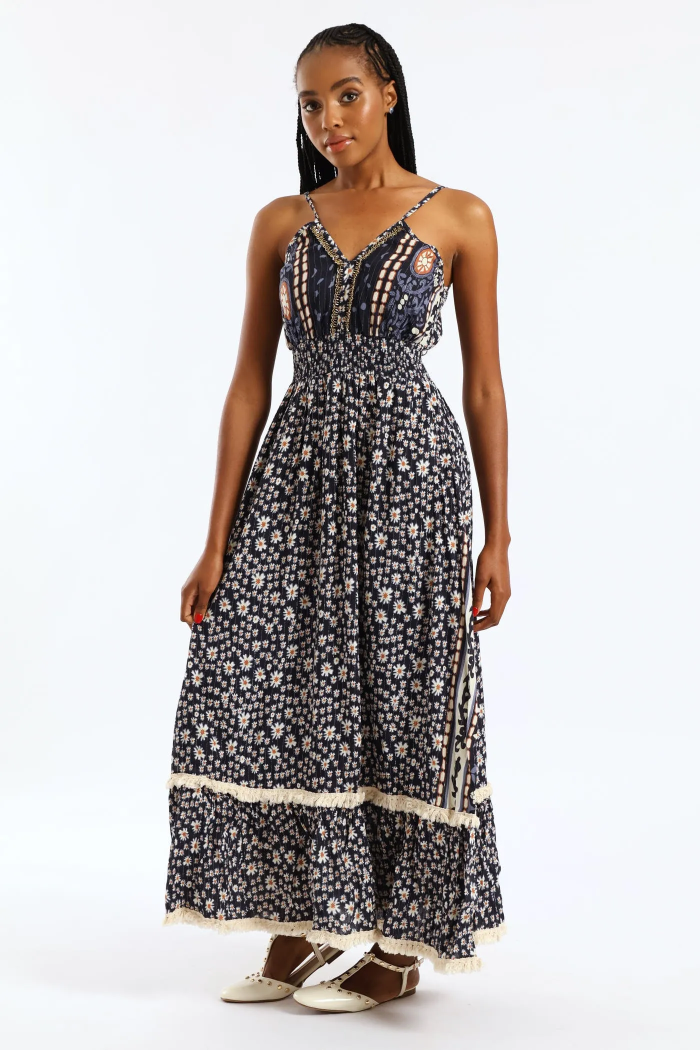 Shirred Waist Patchwork Midaxi Dress - Navy sold by Edgars