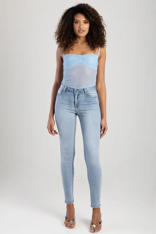 Mid Waist Skinny Denim With Back Pocket Embroidery - Light Blue sold by Edgars