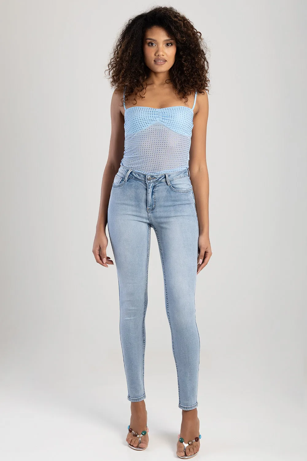 Mid Waist Skinny Denim With Back Pocket Embroidery - Light Blue sold by Edgars
