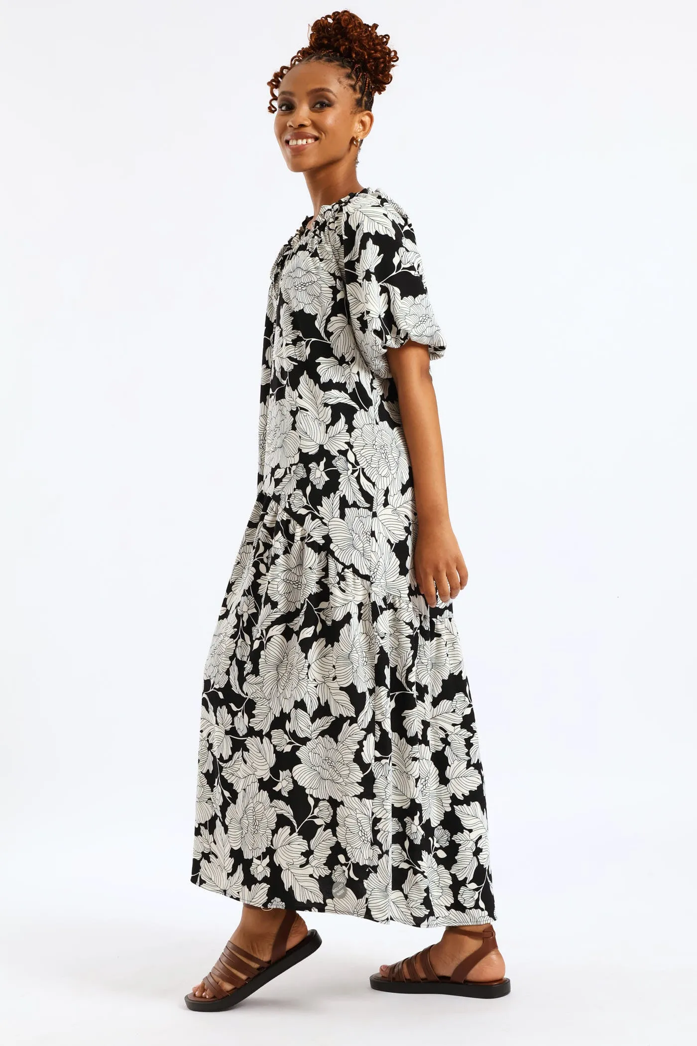 Bubble Sleeve Frill Neck Drop Waist Maxi Dress - Black/White sold by Edgars product image thumbnail 2